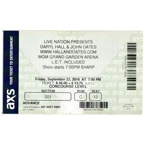 2016 Hall & Oates Concert Ticket Stub Las Vegas NV
